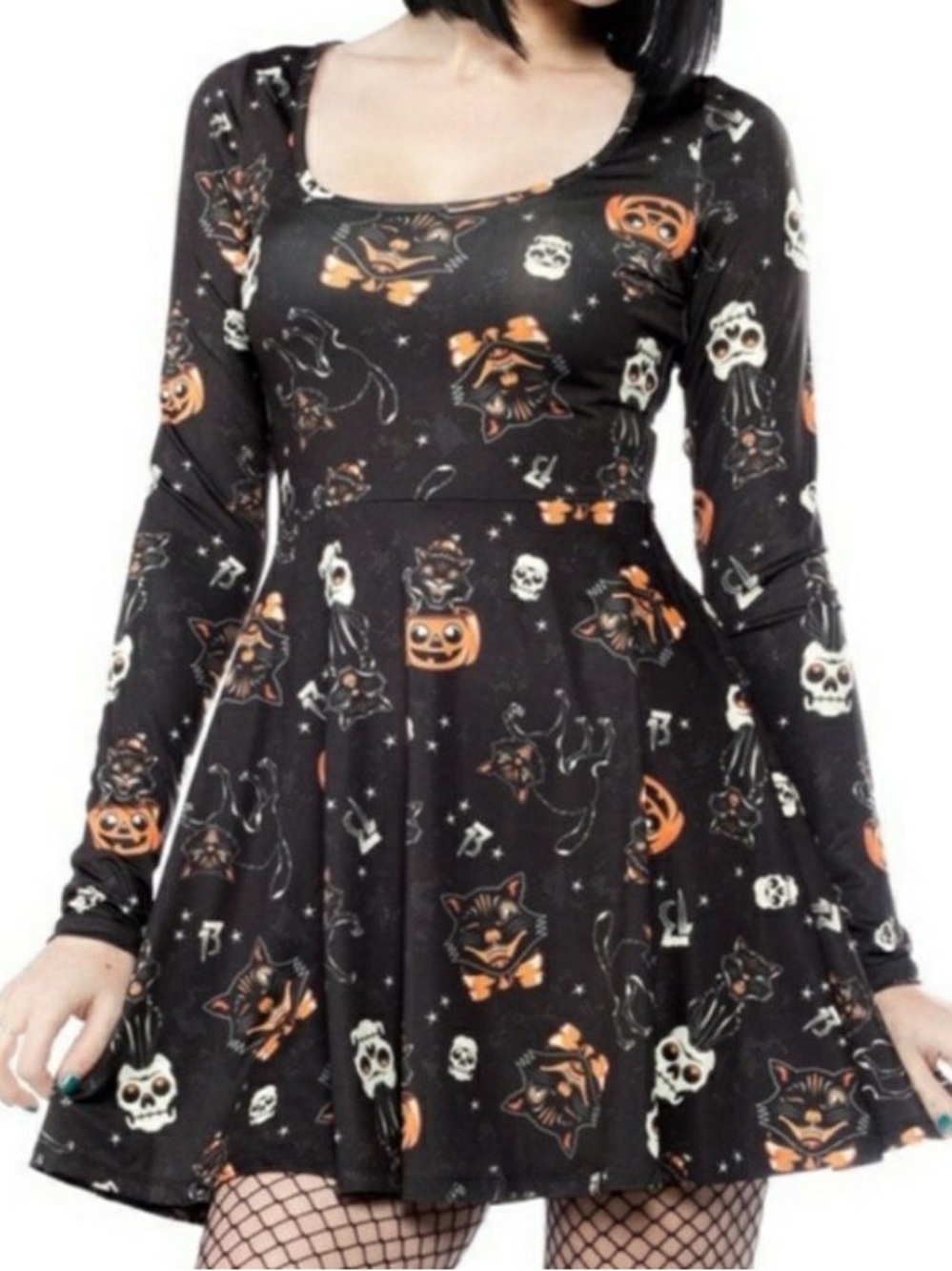 Sourpuss Black Cat Halloween Print Long-Sleeve Skater Dress (Black, Orange)